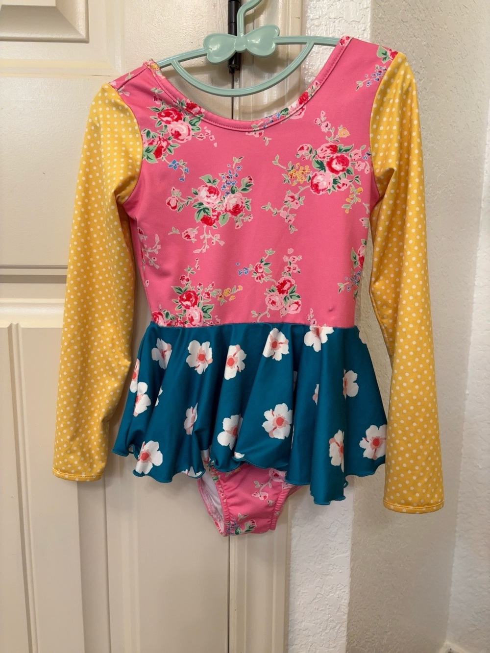 Leo Luvs Floral Colorblock Skirted Leotard Size 4 Long Sleeve Dance Gymnastics